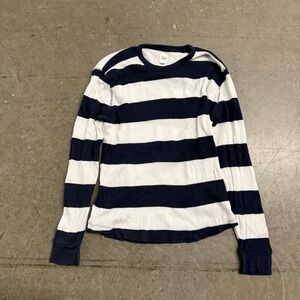 GAP Womens Navy Blue White Striped Waffle Knit Thermal Long Sleeve Shirt Large